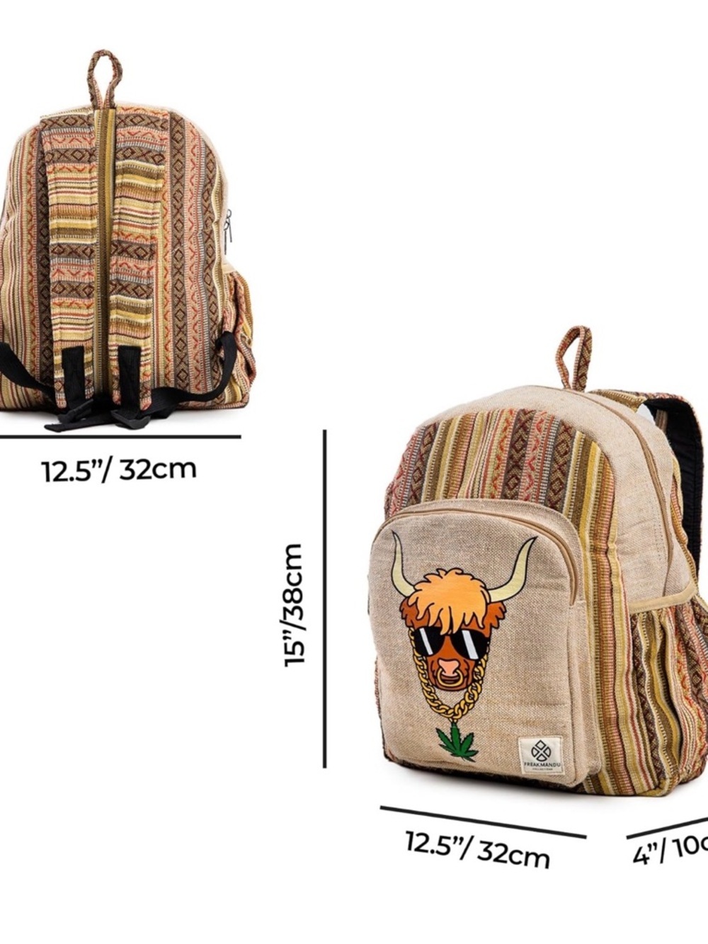 Freakmandu Hemp Patch Backpack with Fun Bull Graphic - Beige & Multicolor - Picture 2 of 5